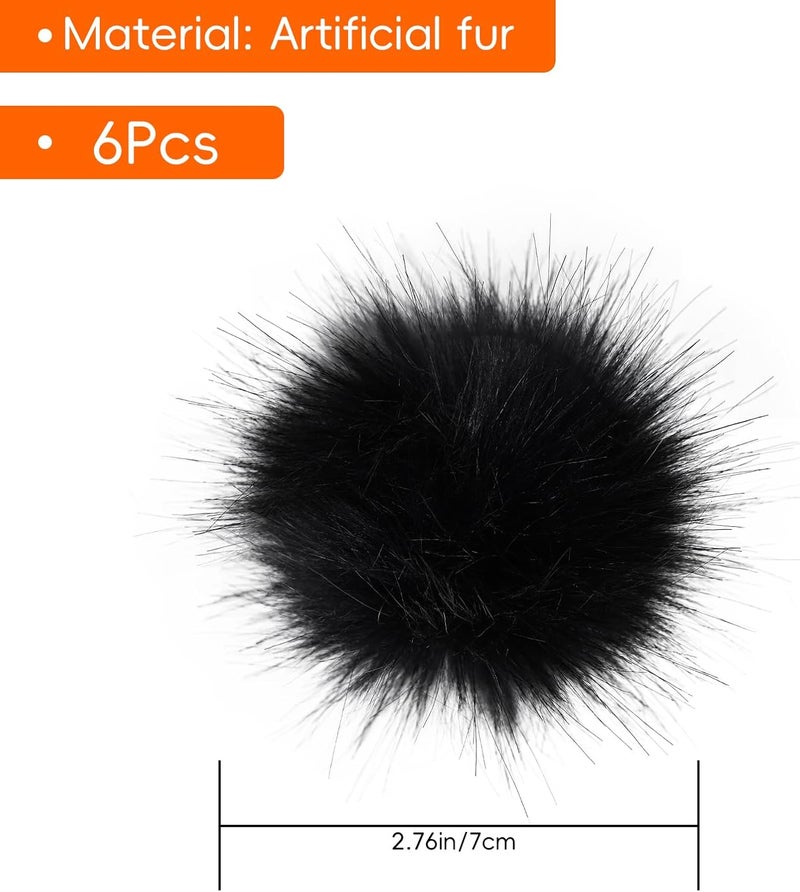 Daieeparty Daieparty 6Pcs Black Faux Fur Pom Pom Balls,Fluffy Pompom Balls with Elastic Loop Ball Detachable Knitting Accessories for Knitting Hats Beanies Shoes,Scarves,Glove - Image 2